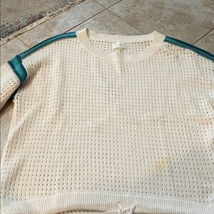 Lou & Grey Cream Open-Knit Crewneck Sweater with Teal Shoulder Stripes